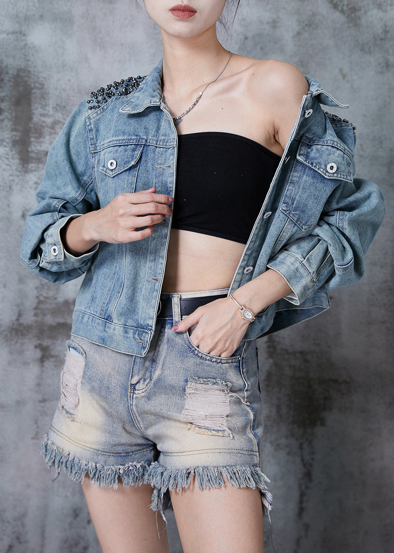 Blue Oversized Nail Bead Denim Jacket Fall