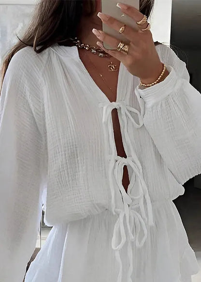 New White Lace Up Cotton Mid Dress Spring