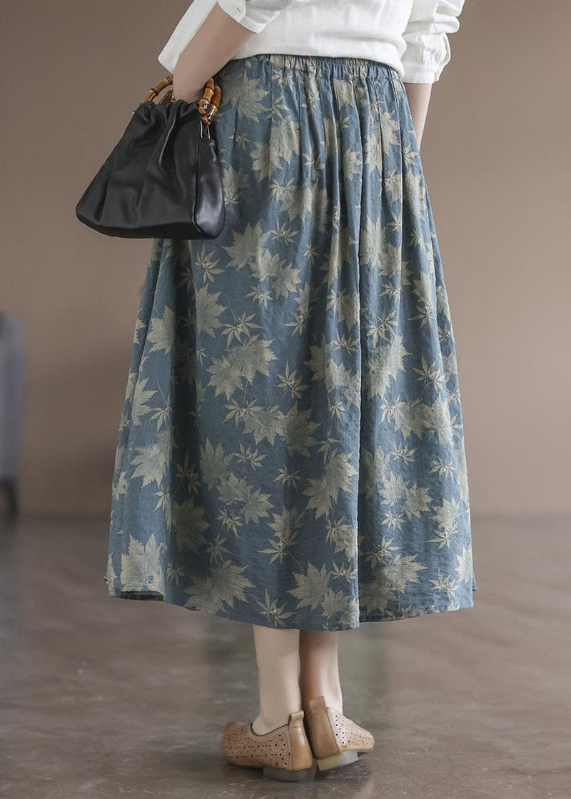 Blue Wrinkled Pockets Print Linen Skirt Spring