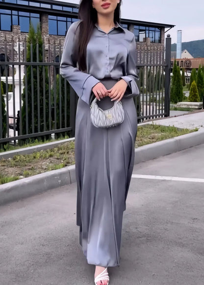 Italian Grey Peter Pan Collar Shirts and Skirts Silk Two Pieces Set Spring