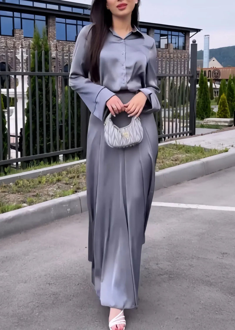 Italian Grey Peter Pan Collar Shirts and Skirts Silk Two Pieces Set Spring