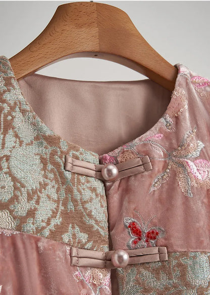 Art Pink Embroidered Nail Bead Silk Velour Oriental Vests Fall
