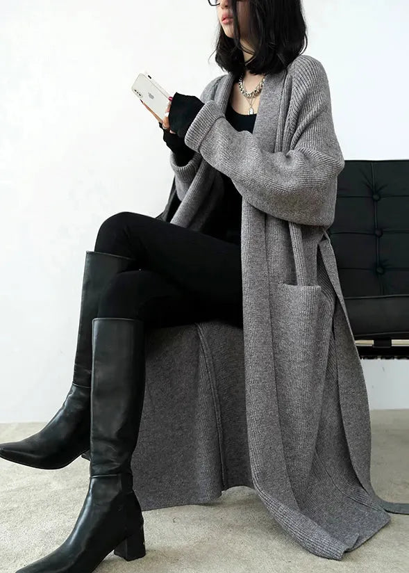 Grey Pockets Tie Waist Knit Loose Cardigans Spring