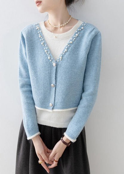 Classy Blue V Neck Nail Bead Patchwork False Two Pieces Knit Sweaters Spring