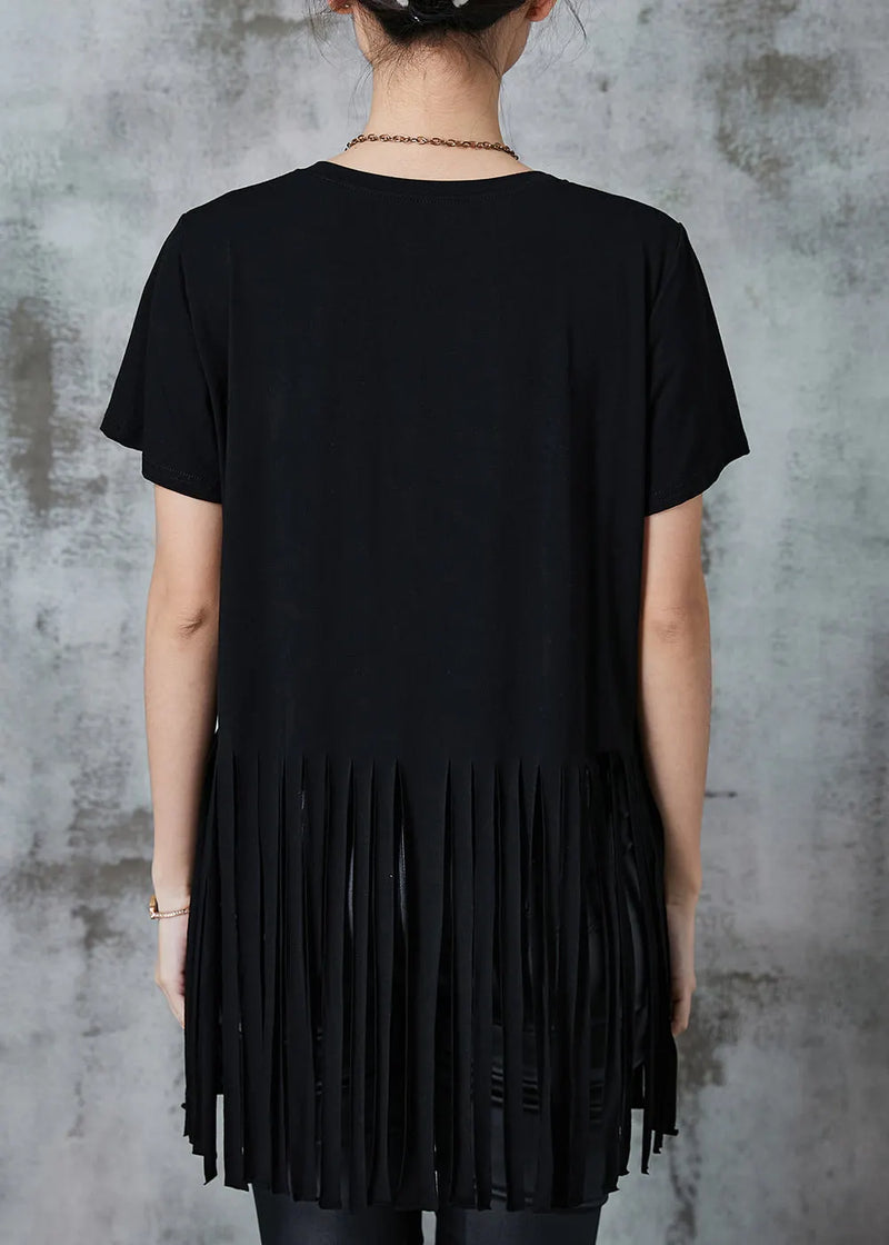 Boutique Black Tasseled Cotton Tank Tops Summer