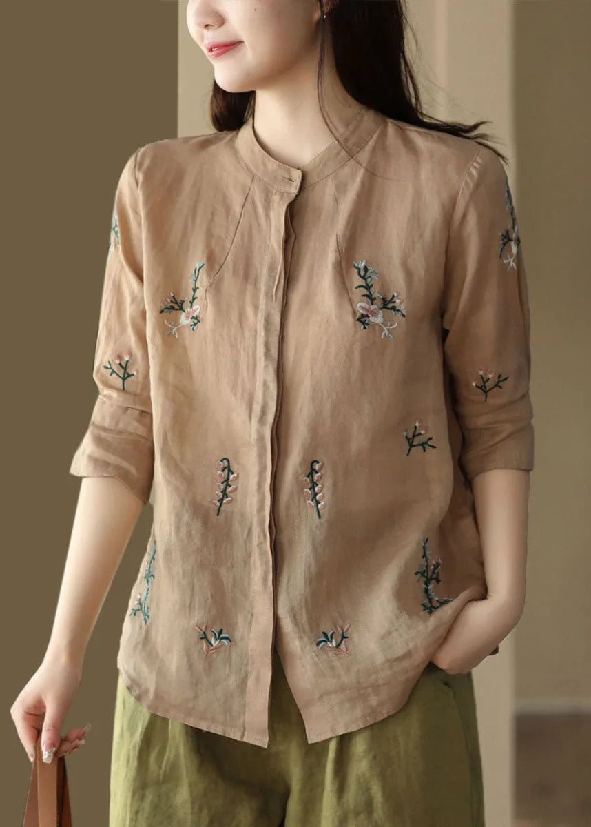 White Stand Collar Embroidered Patchwork Linen Tops Summer