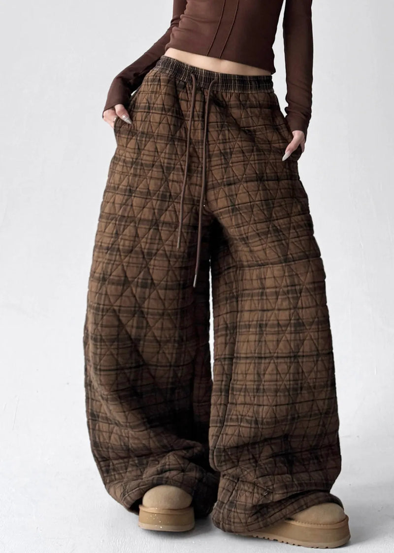 Coffee Plaid Pockets Elastic Waist Cotton Filled Pants Winter