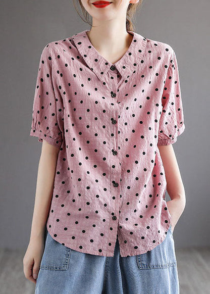 Style Pink Peter Pan Collar Print Patchwork Cotton Blouses Short Sleeve