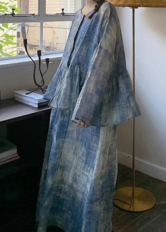 Blue O Neck Top and Spaghetti Strap Dress Cotton Two-piece Set Spring
