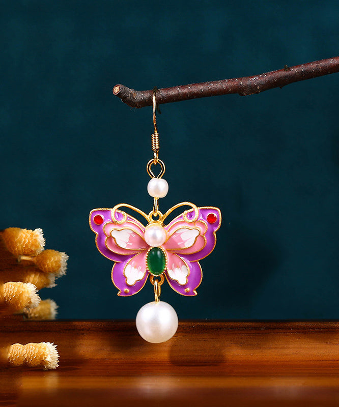 Purple Copper Overgild Acrylic Pearl Butterfly Drop Earrings