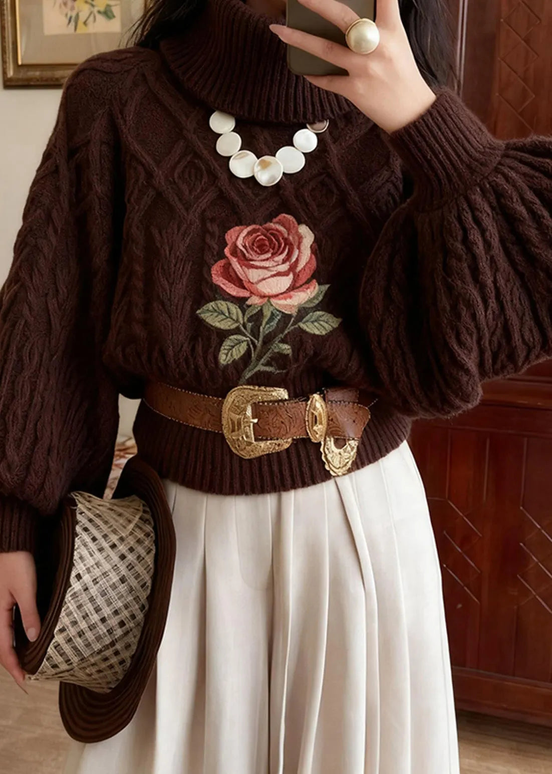 Chocolate Turtleneck Rose Knitted Cotton Sweater Winter