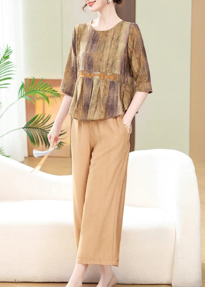 Loose Khaki Print Tops and Crop Pants Cotton Two Piece Set Summer