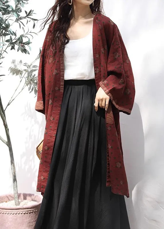 Red V Neck Print Pockets Linen Cardigans Fall