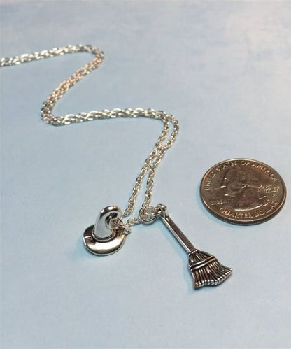 Style Silk Stainless Steel Chain Broom and Hat Pendant Necklace