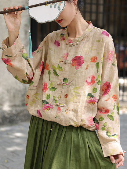 Flower Button-up Ramie Loose Shirt