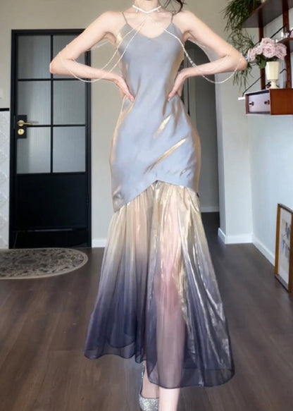 Grey V Neck Tulle Patchwork Spaghetti Strap Dress Sleeveless