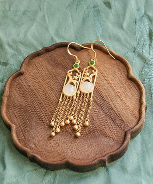 White Sterling Silver Jade Tassel Drop Earrings