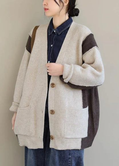 Aesthetic Spring Beige Knit Tops V Neck Button Down Knitted Clothes