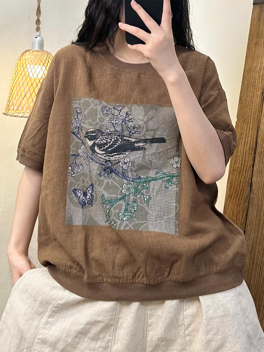 Summer Bird Print Cotton Shirt
