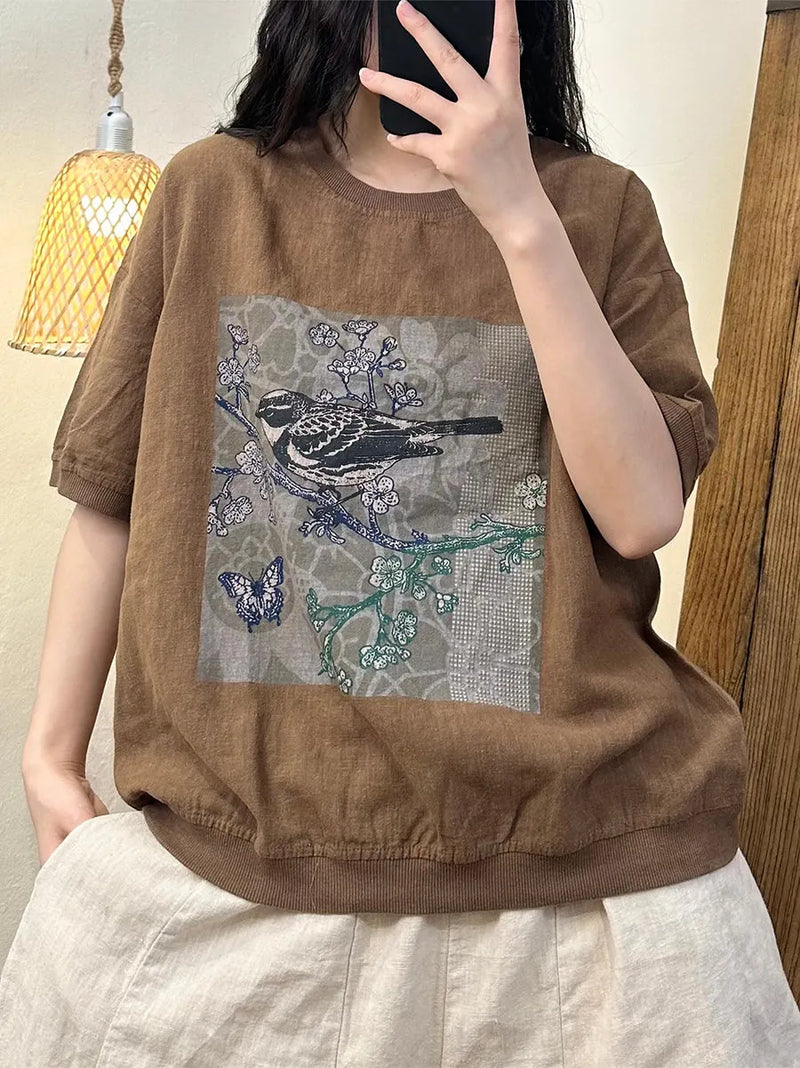 Summer Bird Print Cotton Shirt