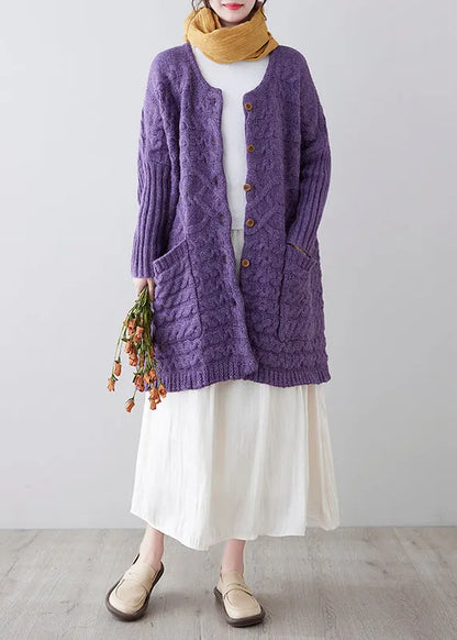 Unique Purple O-neck Pockets Cozy Knit Cardigan Spring