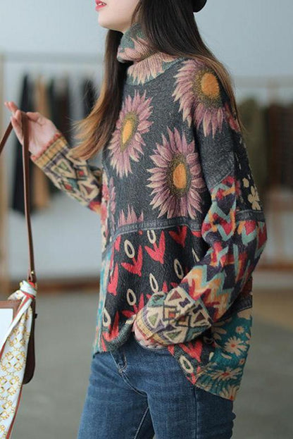Color Contrast Flower Turtleneck Sweater