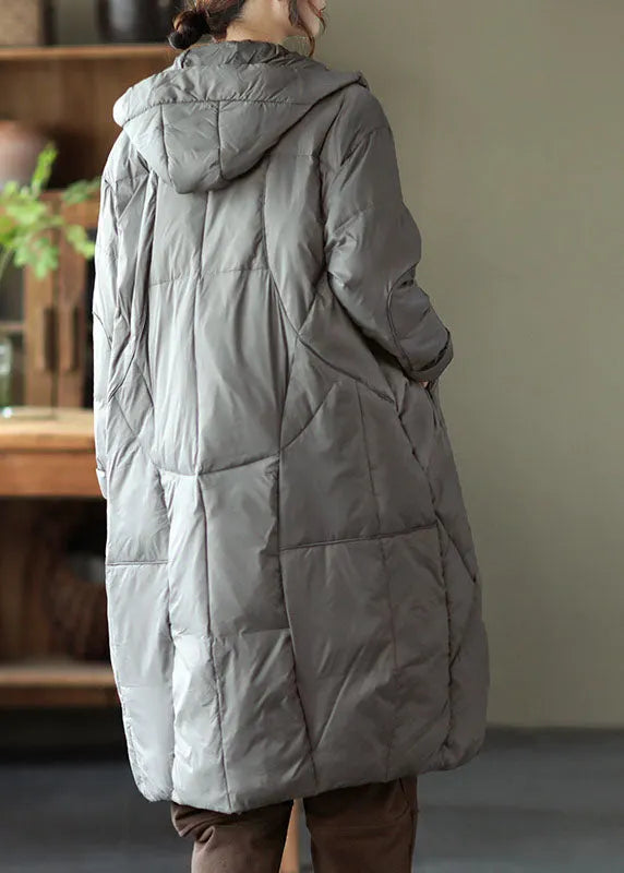 Street Grey Hooded Zippered Pockets Thick Winter Down Coats
