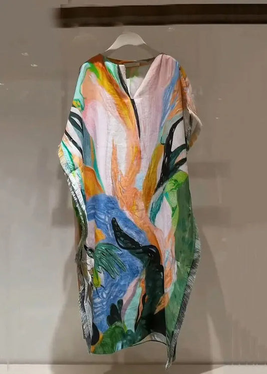 Stylish V Neck Tie Dye Oversized Cotton Long Dresses Batwing Sleeve