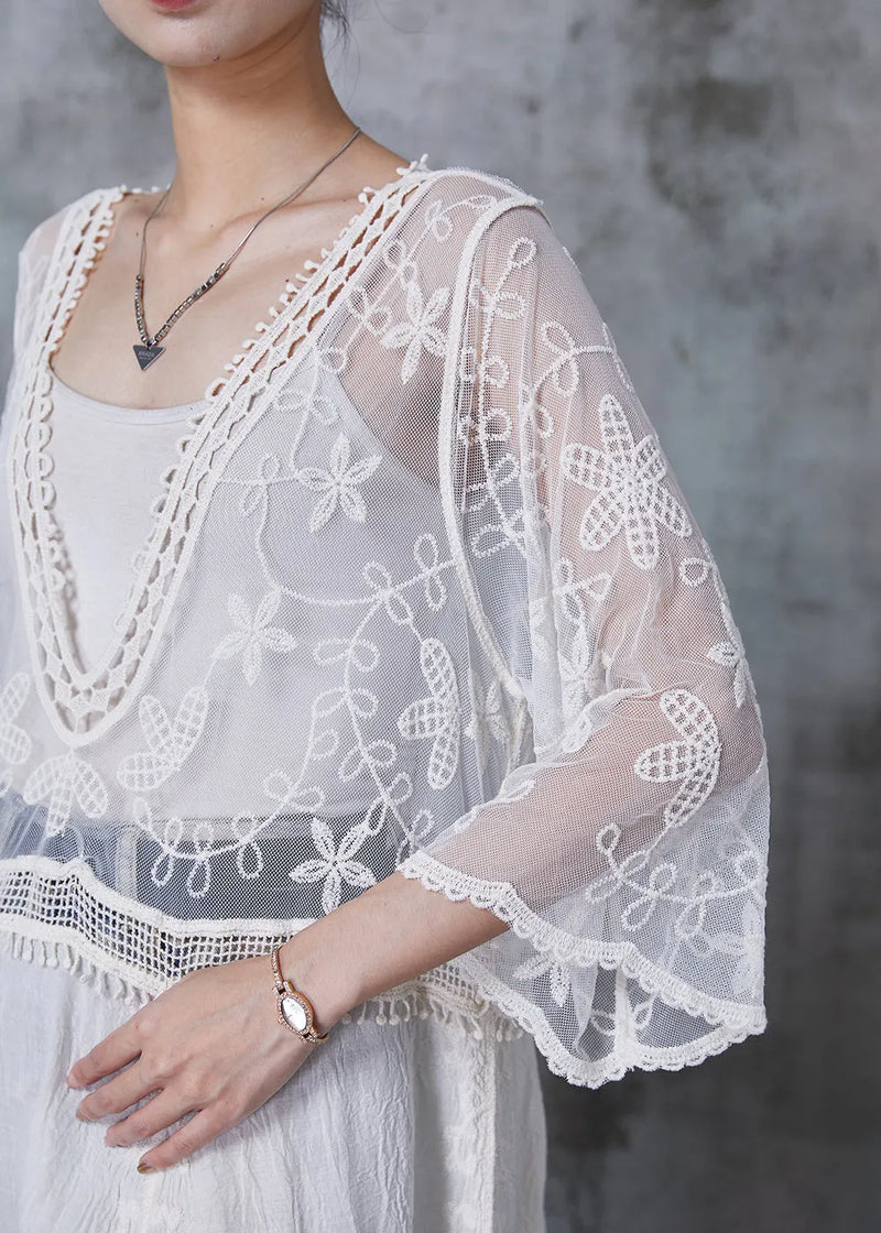 White Embroidered Patchwork Tulle Dresses Summer