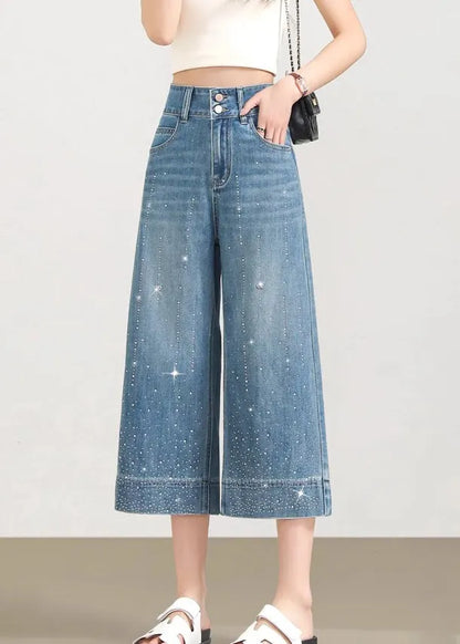 Blue Pockets Zircon Denim Crop Pants Summer