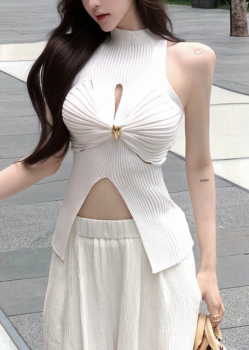 White Front Open Hollow Out Knit Tanks Summer