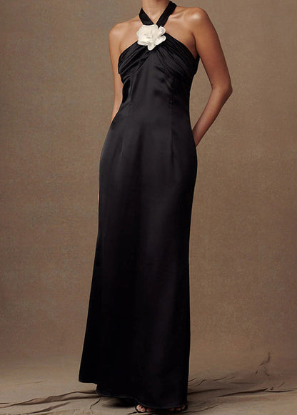 Black Halter Backless Silk Long Dress Sleeveless