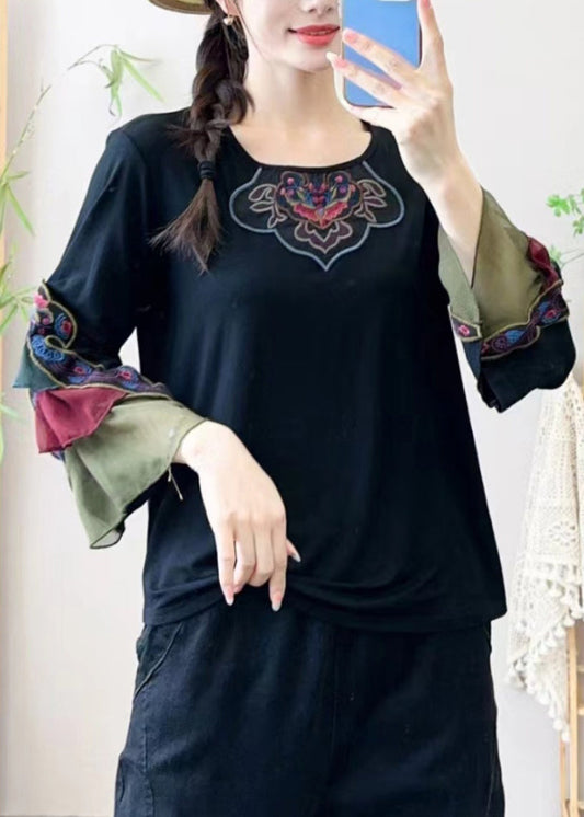 Retro Black Embroidered Tulle Patchwork Shirt Bracelet Sleeve
