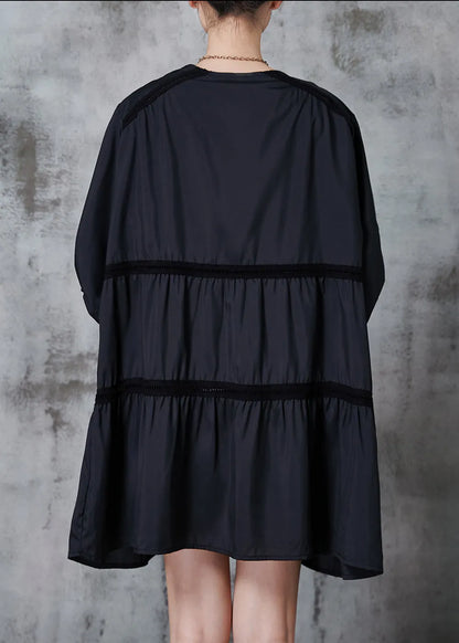 Black Oversized Patchwork Cotton Work Dress Fall