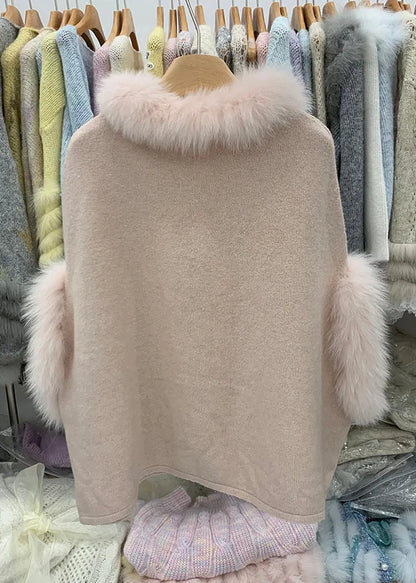 French Pink Fox Collar Removable Thick Cotton Knit Sweater Winter