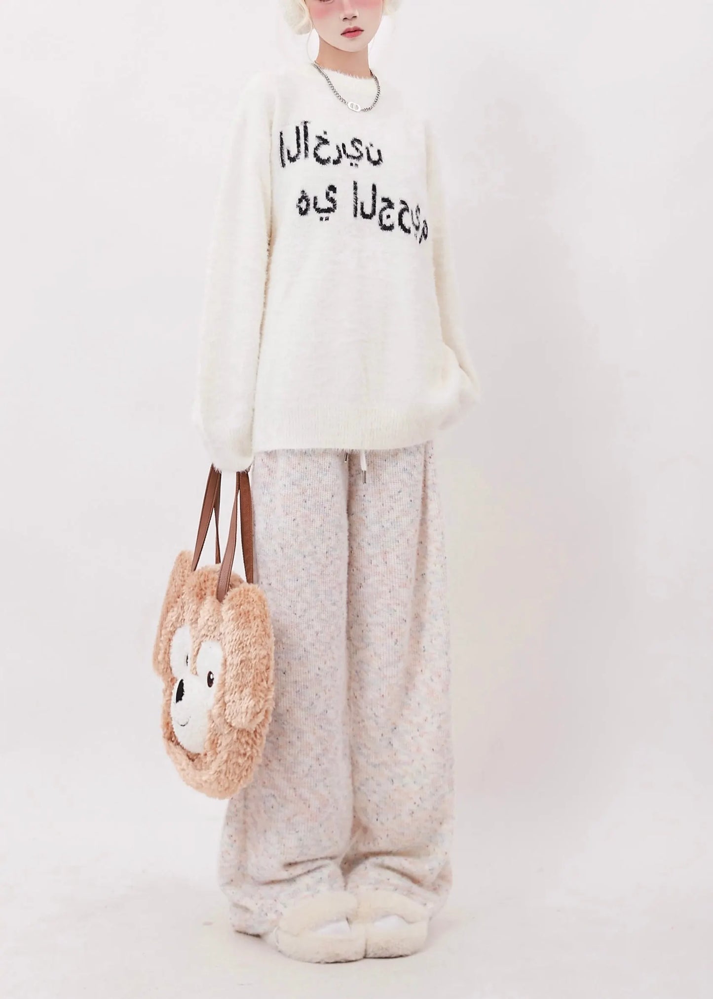 Handmade Apricot Oversized Fuzzy Fur Fluffy Wide Leg Pants Spring
