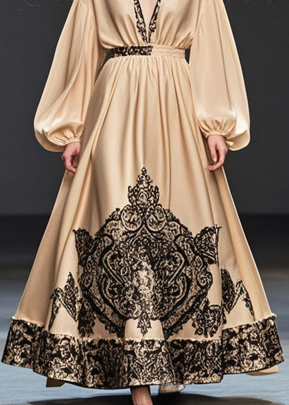 Khaki Deep-v Neck Print Silk Party Dress Fall