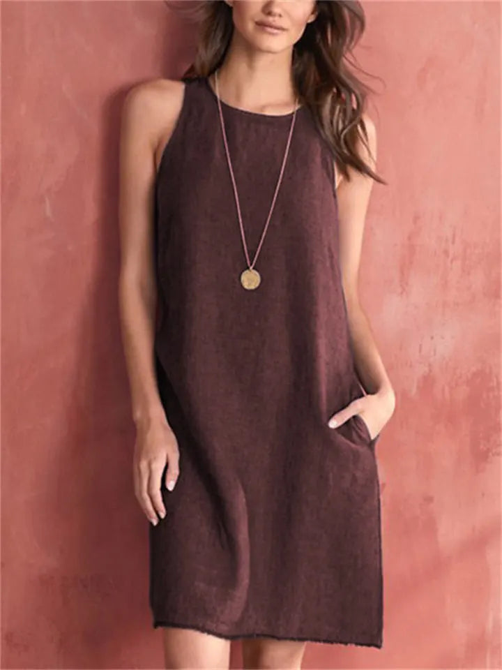 Color Sleeveless Cotton Linen Round Neck Loose Waist Pocket Tassel Undershirt Urban Style A-line Dress