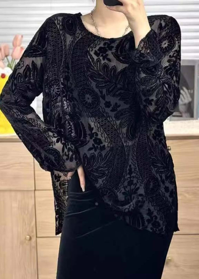 Black O Neck Jacquard Silk Velour Shirt Tops Fall