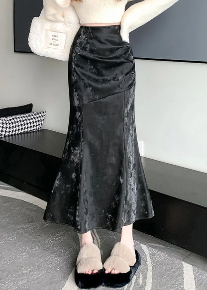 Black Print Wrinkled Silk Velvet Mermaid Skirt Zip Up