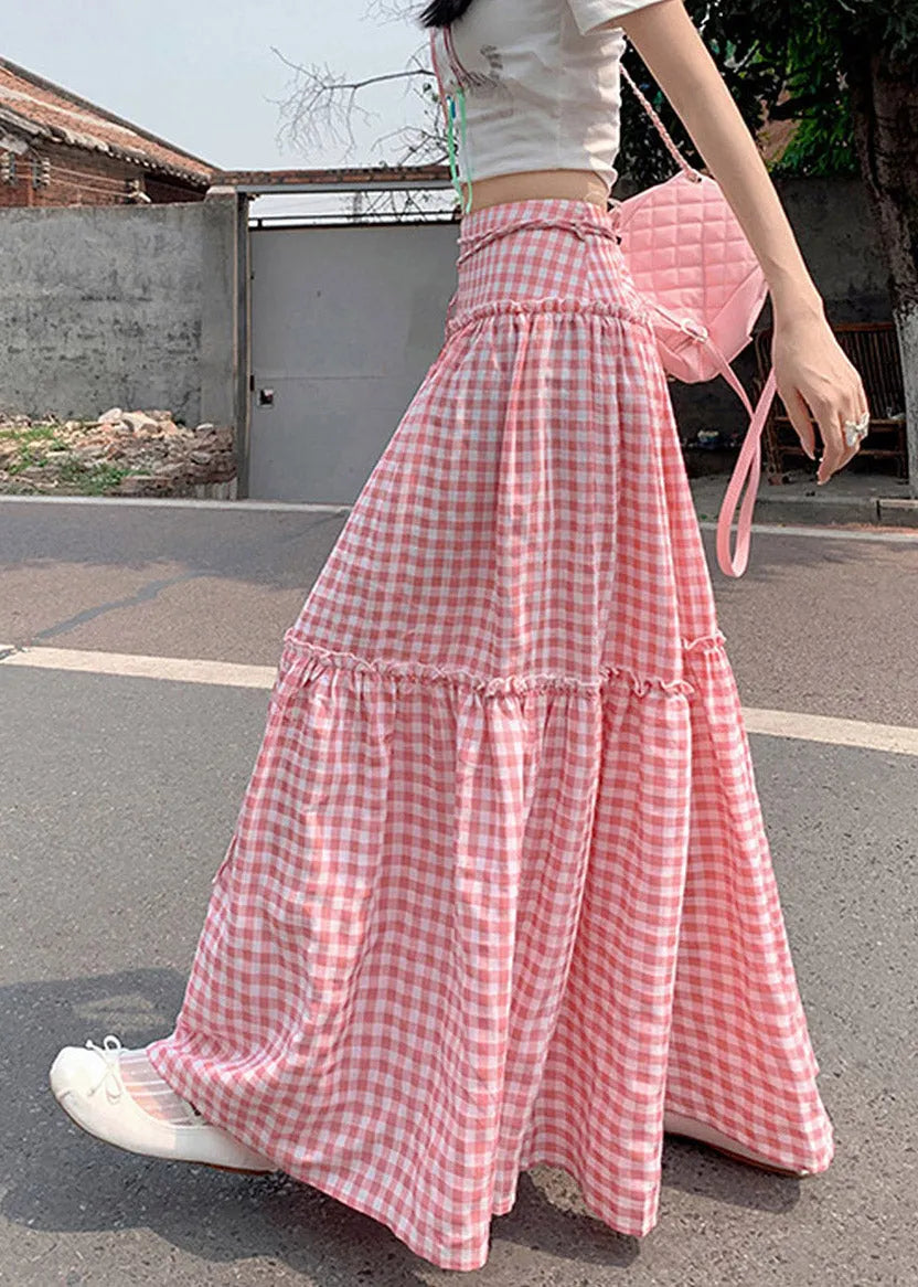 French Pink Ruffled Plaid Patchwork Cotton Skirts Summer