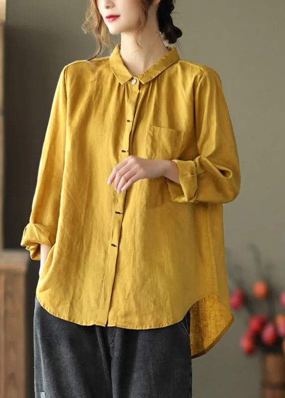 Fine Yellow Peter Pan Collar Button Linen Shirts Long Sleeve