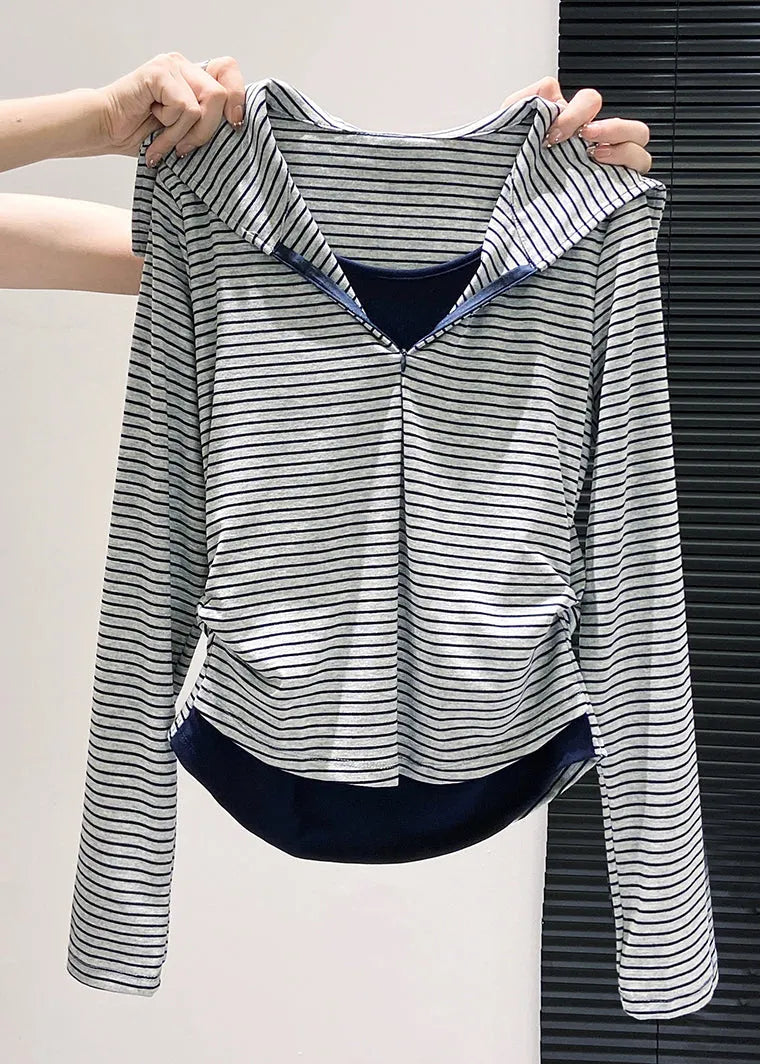Silm Fit Navy Striped Patchwork Cotton Fake Two Piece Tops Fall