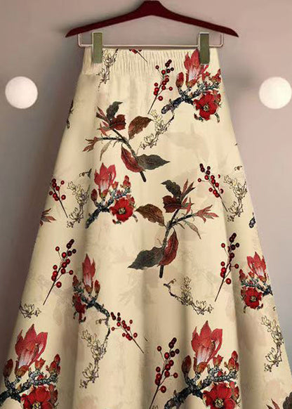 Khaki Print Elastic Waist Cotton Skirt Summer