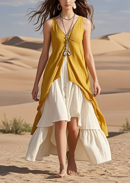 Yellow Asymmetrical Patchwork Cotton Beach Dresses Summer