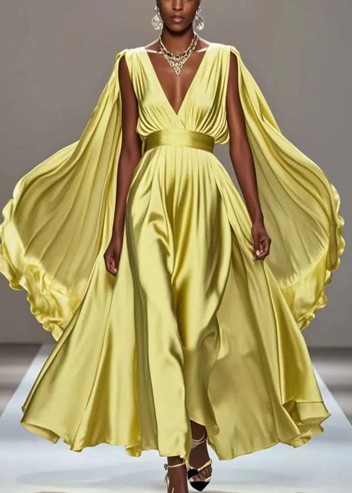 Fitted Yellow Cinched Exra Large Hem Silk Ankle Dress Summer