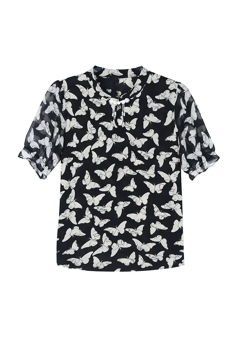Black Stand Collar Print Chiffon Shirts Summer
