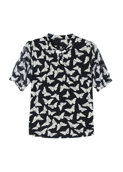 Black Stand Collar Print Chiffon Shirts Summer