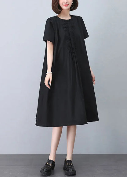 Black Wrinkled Cotton Dresses O Neck Short Sleeve