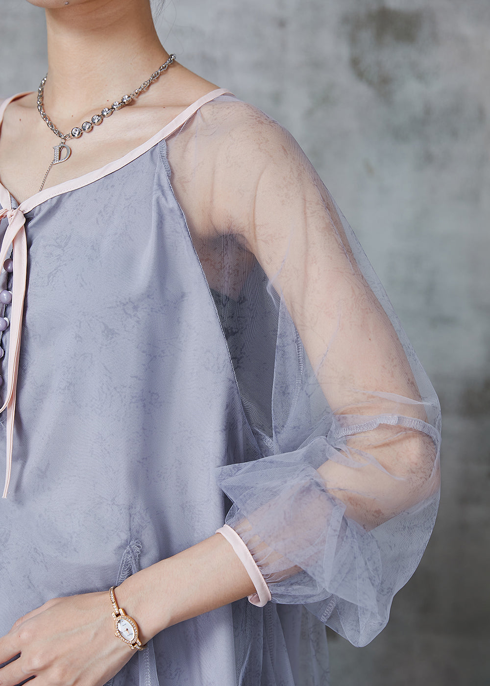 Grey Oversized Patchwork Tulle Top Summer